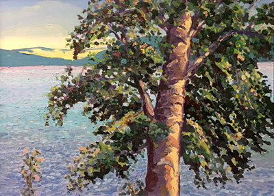 Chris Stoffel Overvoorde painting, Tree by Lake, for sale from Eyekons Gallery